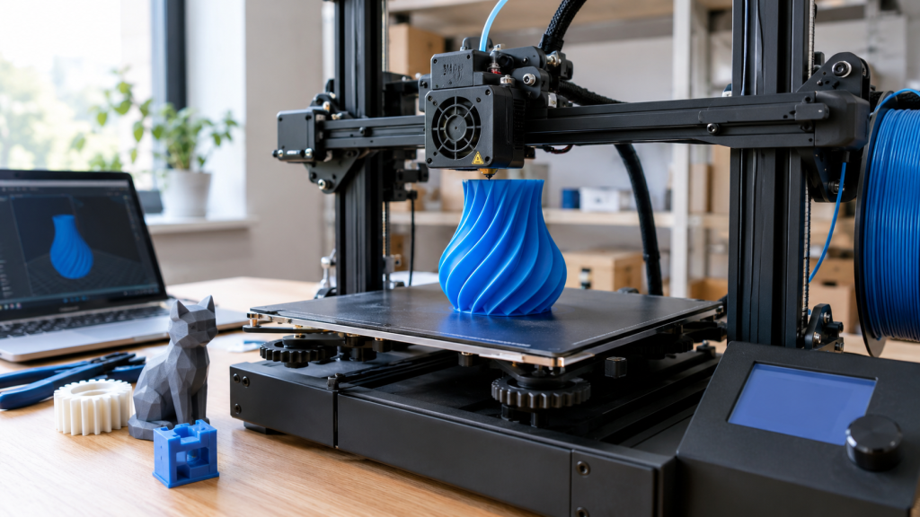 Na pierwszym planie znajduje się realistyczna drukarka 3D, która właśnie drukuje niebieski, spiralny model przypominający dekoracyjny wazon