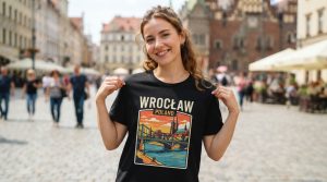 Na obrazie widać młodą, uśmiechniętą kobietę w plenerze, która prezentuje czarną koszulkę z nadrukiem