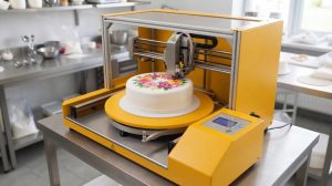 Na obrazie widać nowoczesną, industrialną maszynę w intensywnym, żółtym kolorze, która służy jako specjalistyczna drukarka cukiernicza